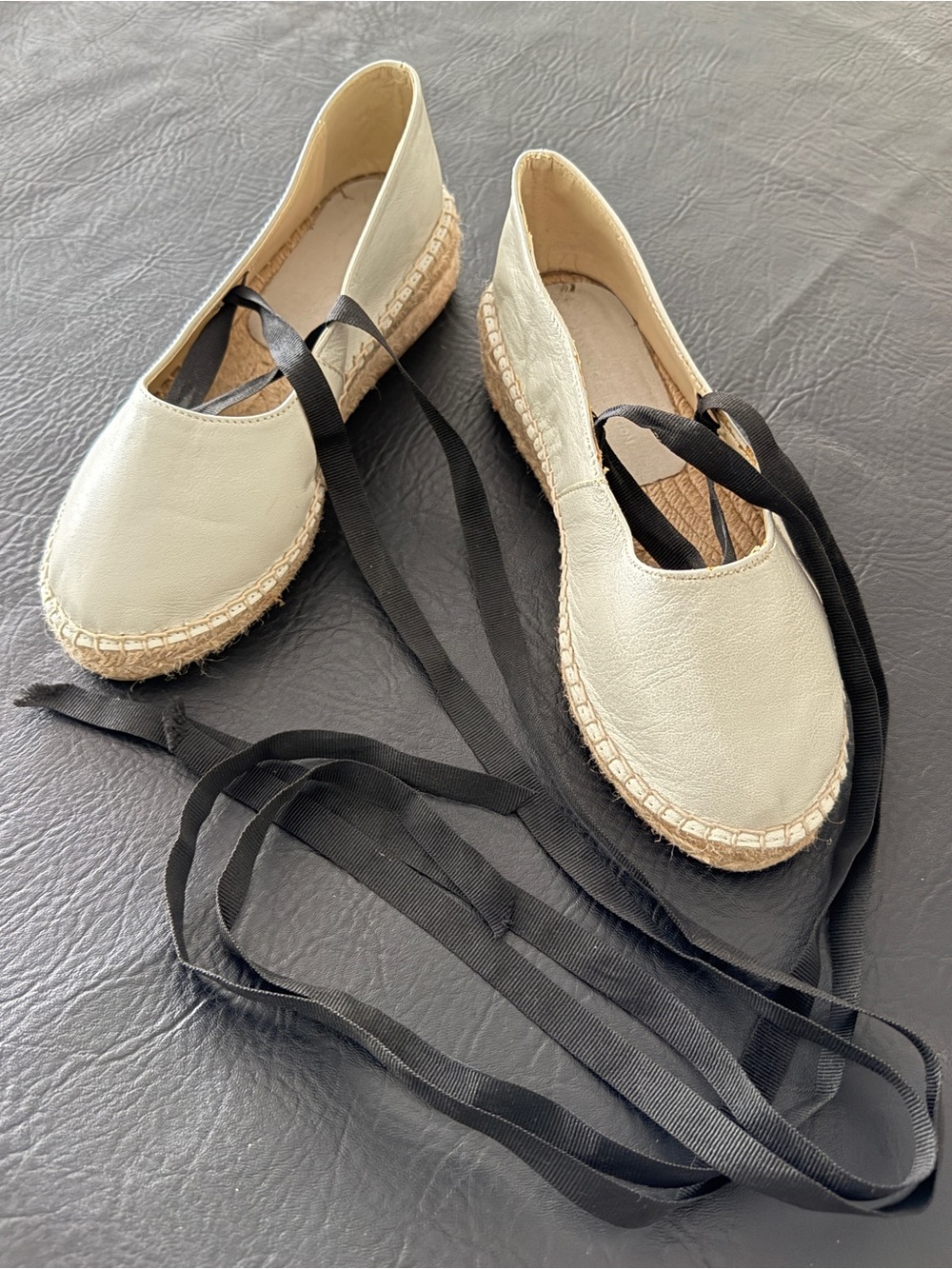 Women’s White Leather Espadrille Wedge with Black Ankle Tie Brand New. 36